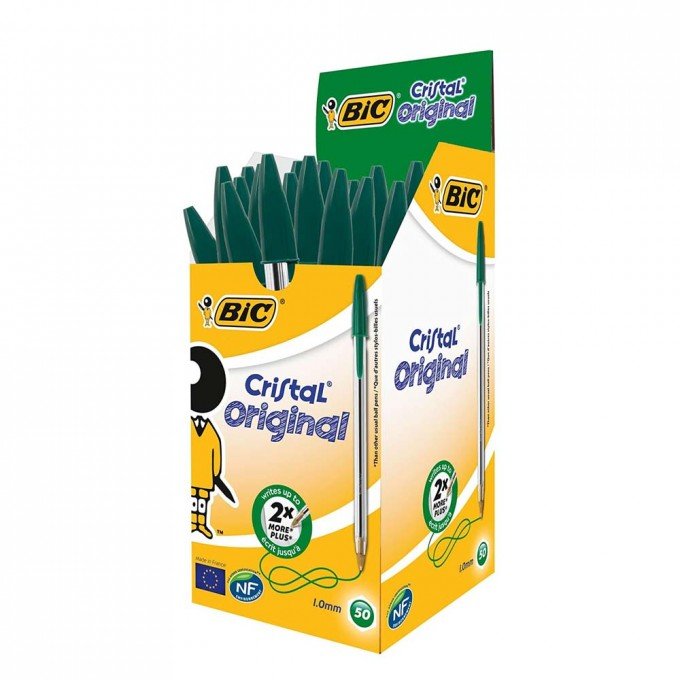 BIC Penne Verdi a Sfera, Cristal Original, Punta Media, 1 mm, Confezione da 50 Penne