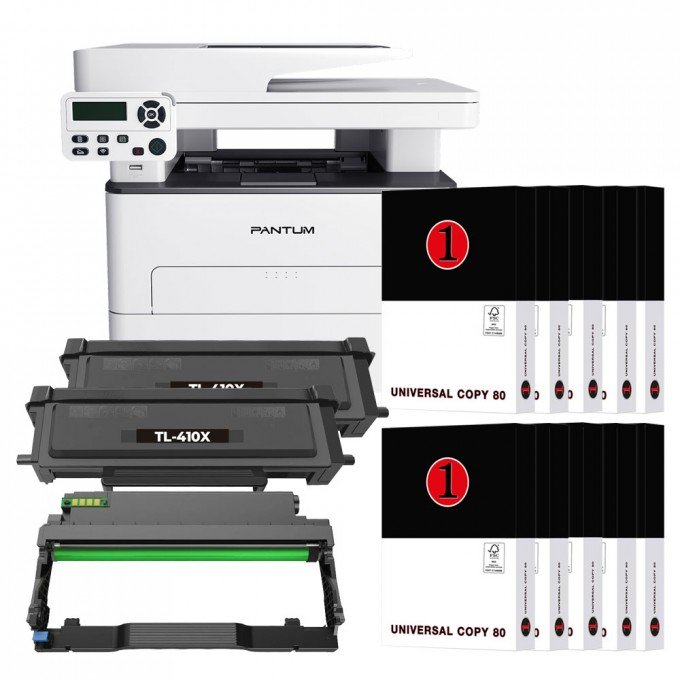 Stampante Pantum M7100DW con WiFi, Scanner + 2 Toner Compatibile TL410XL da 6000 Copie cadauno + Tamburo DR-410 + 10 Risme di Carta A4 da 75gr