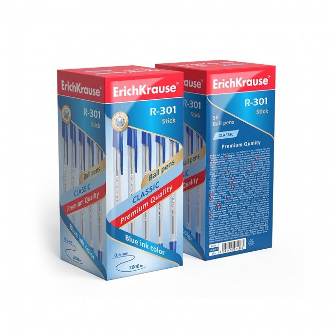 50 Penne a sfera Erichkrause R-301 Classic Stick 1.0 - Corpo esagonale trasparente - Punta da 1,0 mm - Inchiostro ad asciugatura rapida - Colore Blu
