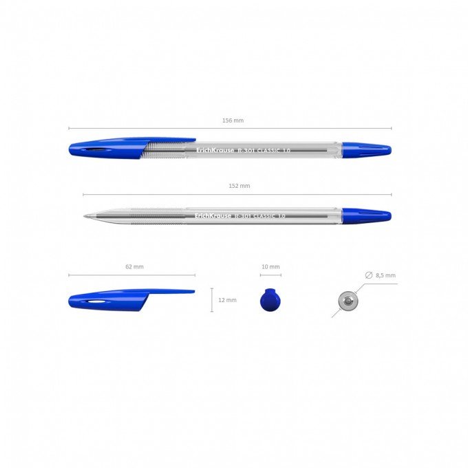 50 Penne a sfera Erichkrause R-301 Classic Stick 1.0 - Corpo esagonale trasparente - Punta da 1,0 mm - Inchiostro ad asciugatura rapida - Colore Blu