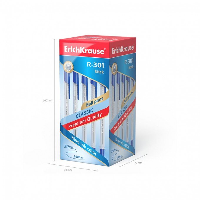 50 Penne a sfera Erichkrause R-301 Classic Stick 1.0 - Corpo esagonale trasparente - Punta da 1,0 mm - Inchiostro ad asciugatura rapida - Colore Blu