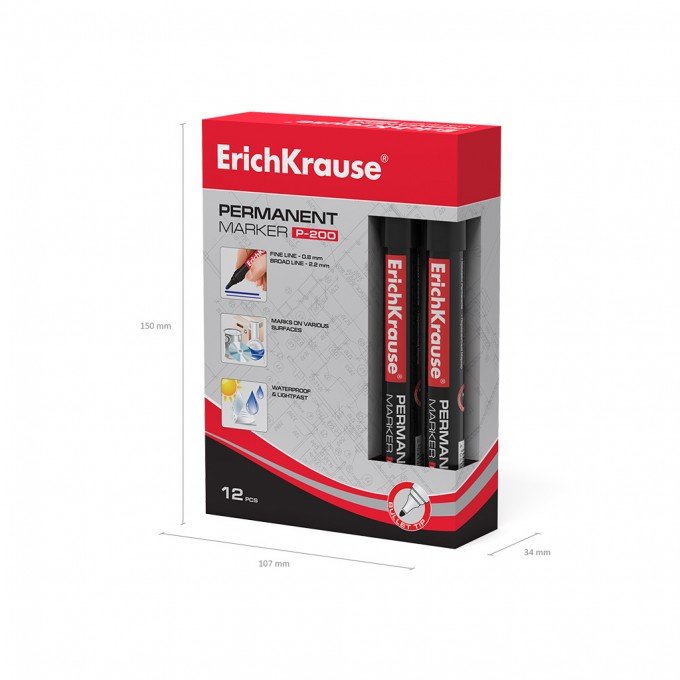 12 Pennarelli permanenti Erichkrause P-200 - Punta a forma di proiettile - Resistente all'acqua e ai raggi UV - Colore nero
