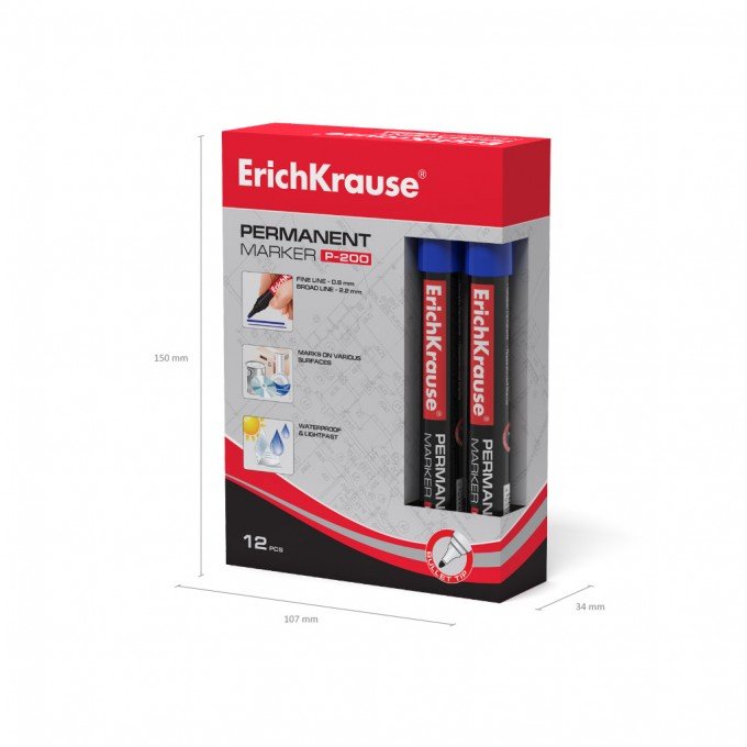 12 Pennarelli permanenti Erichkrause P-200 - Punta a forma di proiettile - Resistente all'acqua e ai raggi UV - Colore blu