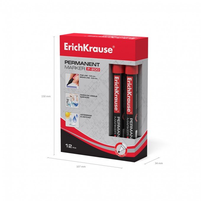 12 Pennarelli permanenti Erichkrause P-200 - Punta a forma di proiettile - Resistente all'acqua e ai raggi UV - Colore rosso