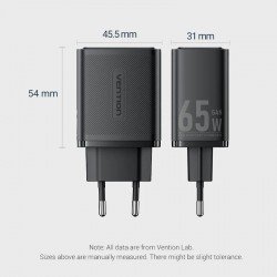 Caricatore Vention NERO GaN 3 Porte USB-C + USB-A 65W – Spina EU – Ricarica Rapida e Compatta