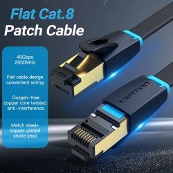 Cavo Ethernet Vention Flat Cat 8 da 1.5 Metri SFTP – 40Gbps, 2000MHz, RJ45 schermato, design piatto nero Cavo Ethernet Vention Flat Cat 8 da 1.5 Metri SFTP – 40Gbps, 2000MHz, RJ45 schermato, design piatto nero