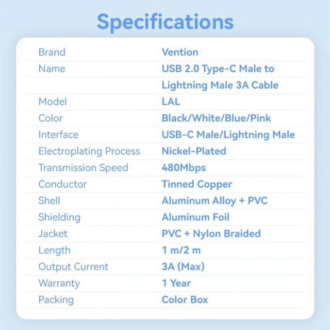 Cavo USB-C a Lightning 3A Vention Colore Nero 1 Metro – Ricarica rapida e trasferimento dati per dispositivi Apple
