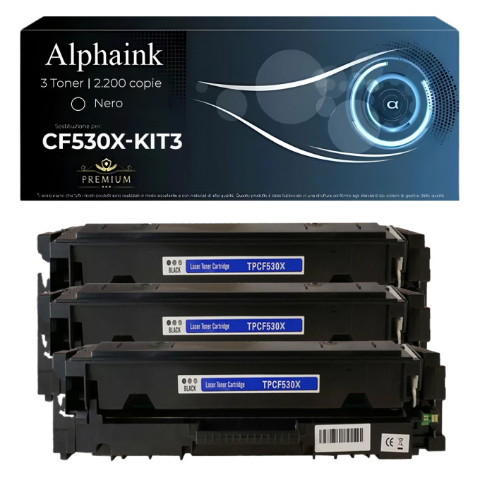 3 Toner ad Alta Capacità Compatibili per HP CF530X 205X Nero 3 Toner ad Alta Capacità Compatibili per HP CF530X 205X Nero