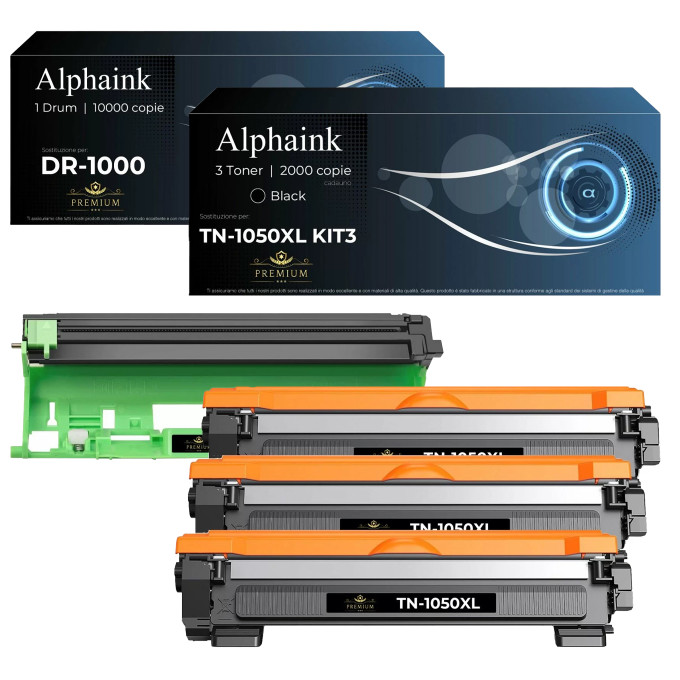 Kit 3 Toner Brother TN-1050XL + Tamburo DR-1000 Nero Compatibili |Alphaink Kit 3 Toner Brother TN-1050XL + Tamburo DR-1000 Nero Compatibili |Alphaink