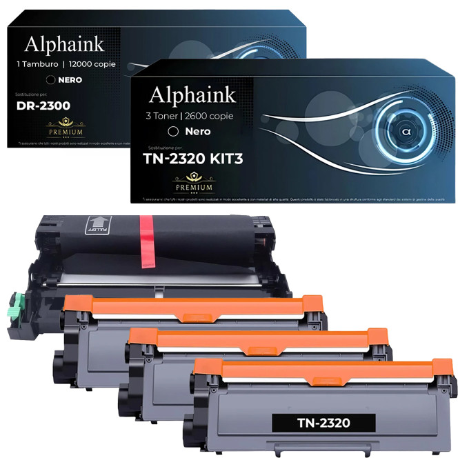 3 Toner TN2320 + Tamburo DR2300 Compatibili Brother | Alphaink 3 Toner TN2320 + Tamburo DR2300 Compatibili Brother | Alphaink