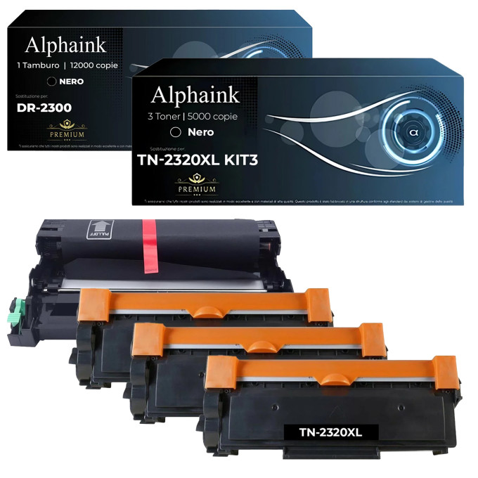 3 Toner TN2320XL + Tamburo DR2300 Compatibili Brother | Alphaink 3 Toner TN2320XL + Tamburo DR2300 Compatibili Brother | Alphaink