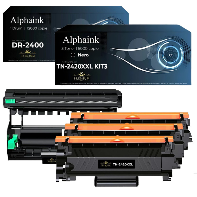 3 Toner TN2420XXL + Tamburo DR2400 Compatibili Brother | Alphaink 3 Toner TN2420XXL + Tamburo DR2400 Compatibili Brother | Alphaink