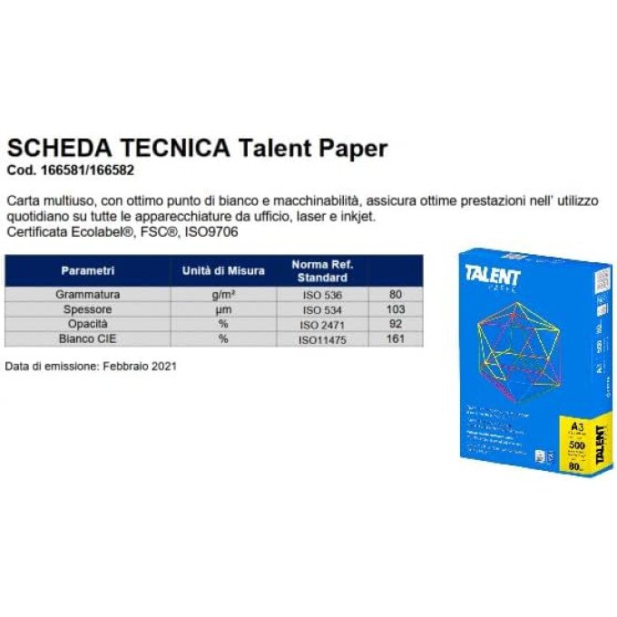 Talent Paper Carta A3 Premium 80gr - Confezione da 1 risma da 500 Fogli - bianca Talent Paper Carta A3 Premium 80gr - Confezione da 1 risma da 500 Fogli - bianca