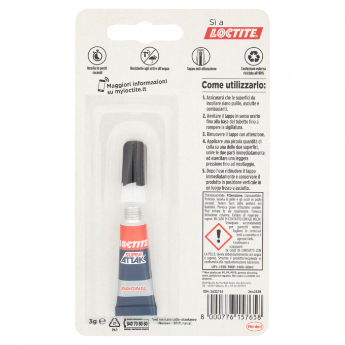 Loctite Super Glue-3 Colla Trasparente Istantanea Originale 3gr - Formula Tripla Resistenza - Asciuga in 3 Secondi - Tappo Anti-intasamento