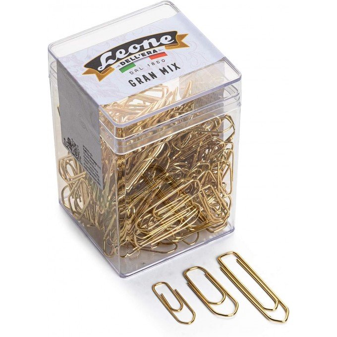 Fermagli Ottonati Leone Dell'Era "Gran Mix" 125 gr. (ca. 175 pz.) dimensioni miste N. 2-4-5 - Barattolo trasparente - Made in Italy