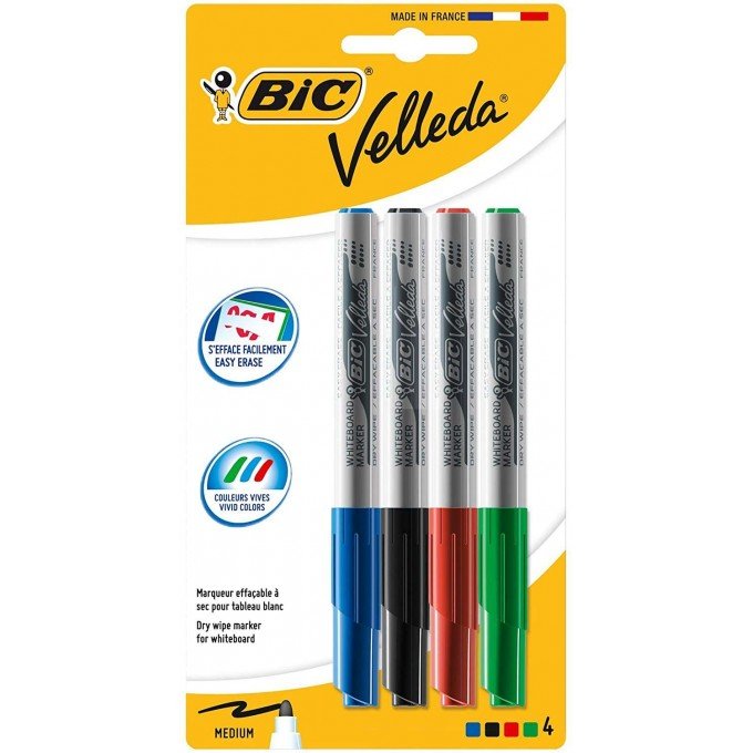 Bic Velleda 1741 Confezione da 4 Pennarelli per Lavagna - Punta Media - Linea 1,4 mm - Cancellazione Ottimale - Colori Assortiti