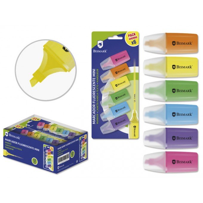  Confezione da 6 mini pennarelli fluorescenti Bismark - Alta visibilità - Inchiostro ad asciugatura rapida - Punta resistente - Colori assortiti