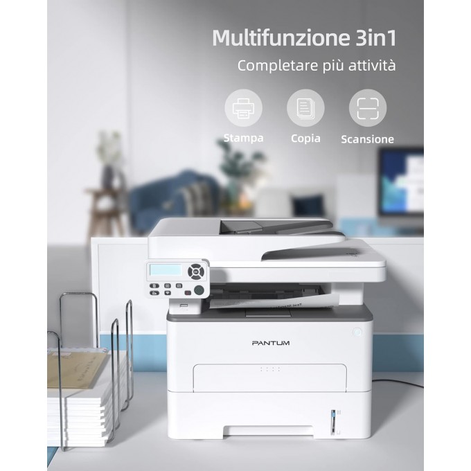 Stampante Pantum M7100DW con WiFi, Scanner + 2 Toner Compatibile TL410 da 1500 Copie cadauno + 5 Risme di Carta A4 da 75gr