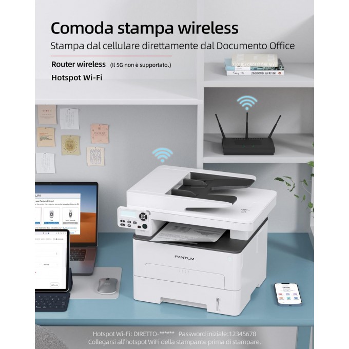 Stampante Pantum M7100DW con WiFi, Scanner + 2 Toner Compatibile TL410 da 1500 Copie cadauno + 5 Risme di Carta A4 da 75gr