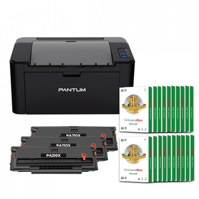 Stampante Pantum P2500W con WiFi + 3 Toner Compatibili PA210X da 3600 Copie cadauno + 20 Risme di Carta A4 da 75gr